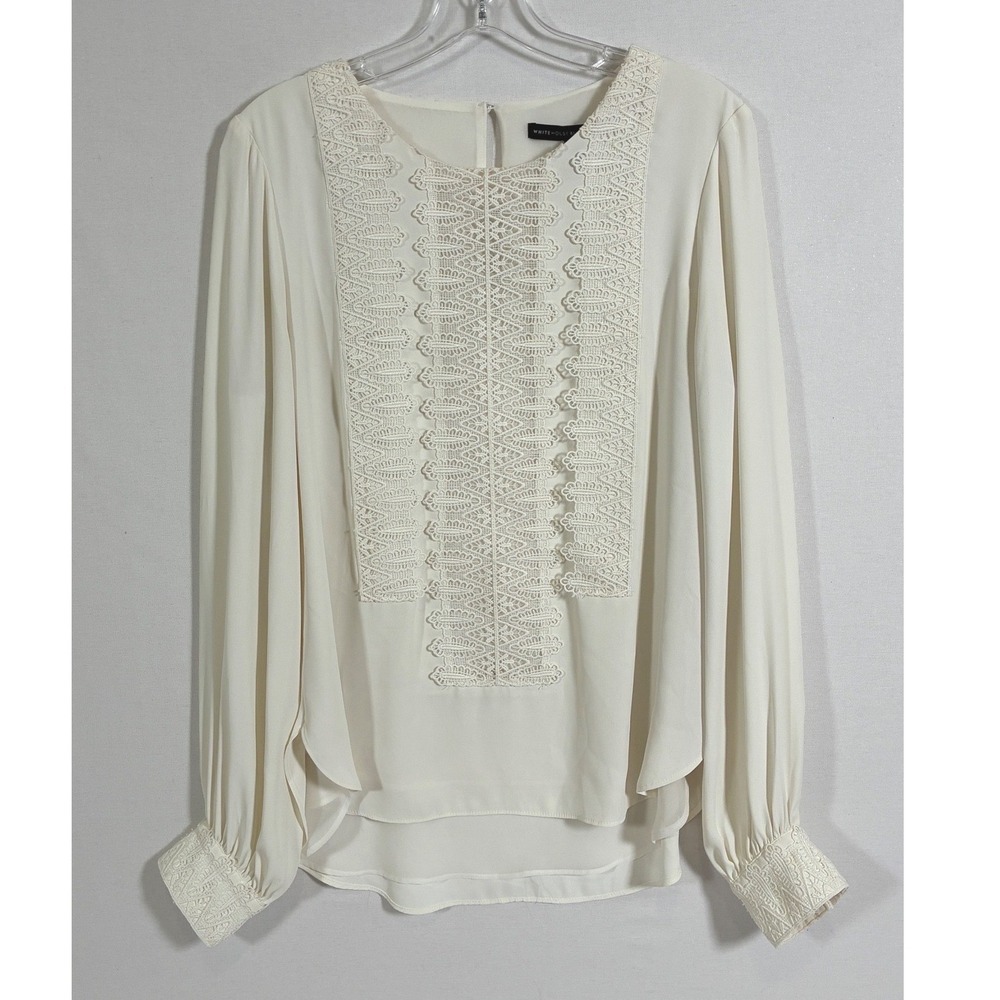 White House Black Market Ecru Lace Trim Blouse Long Sleeve Womens M 570300100